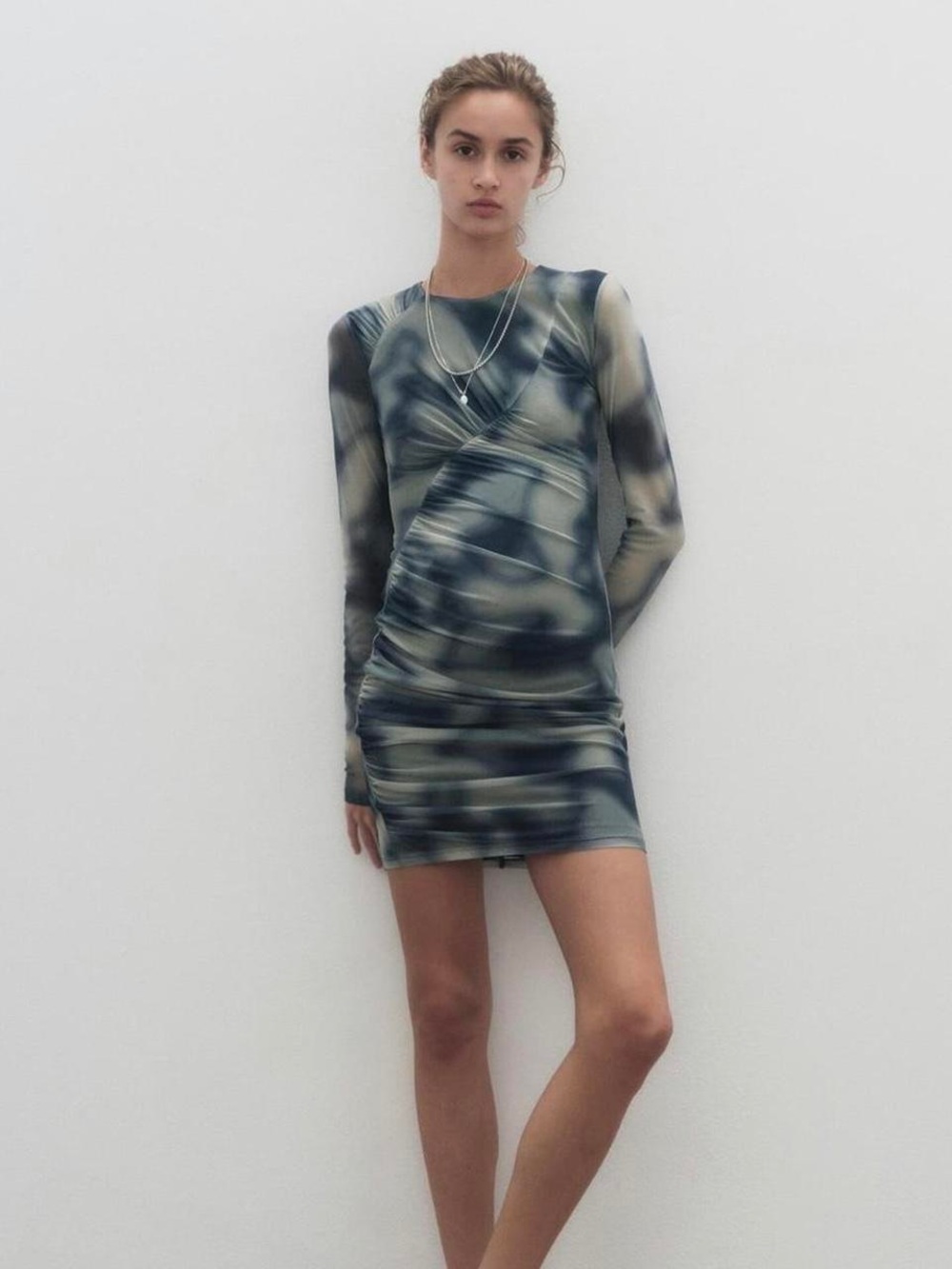 Zara Blue-Green Tie-Dye Ruched Long Sleeve Mini Dress